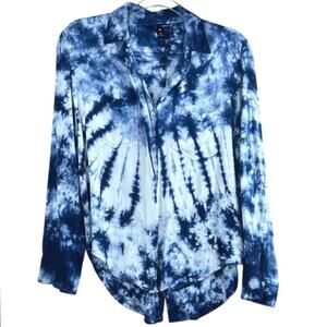 Aqua Blue Tie Dye Hi Lo Split Back Button Up Shirt Rayon Size M
